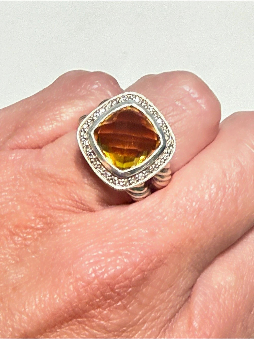 Vintage David Yurman Sterling Silver Albion Ring with 11mm Citrine and Diamonds